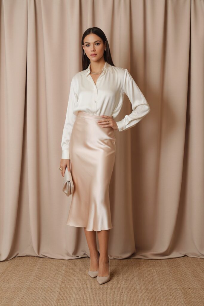 Silk Blouse + High-Waisted Skirt For Luxe Elegance