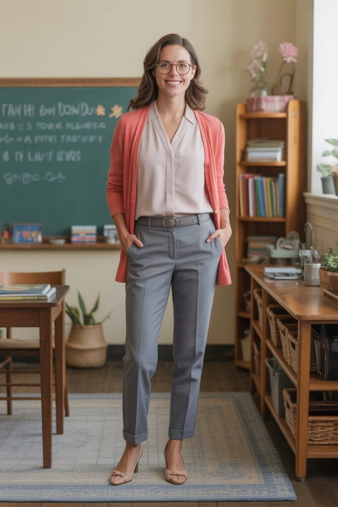 Sleeveless Blouse + Cardigan + Trousers