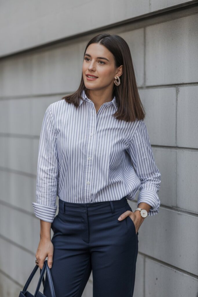 Striped Button-Up + Navy Pants