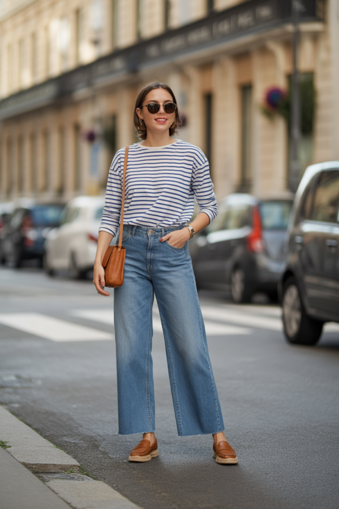 Striped Shirt + Wide-Leg Jeans