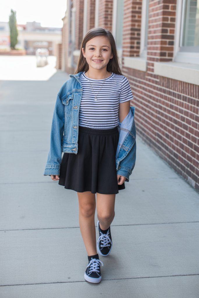 Striped Tee + Black Skirt