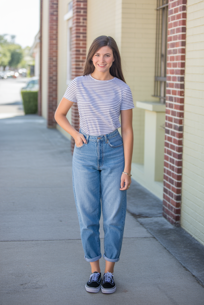 Striped Tee + High-Waisted Jeans + Vans