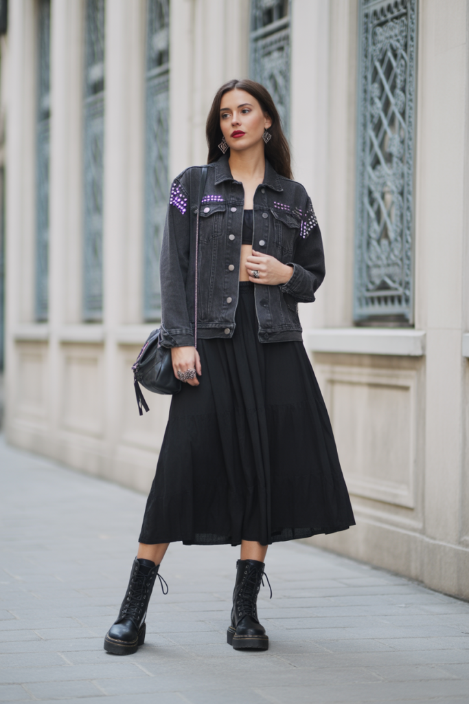 Studded Denim Jacket + Midi Skirt