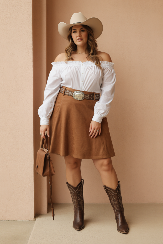Suede Skirt + Off-Shoulder Top For Western Glam