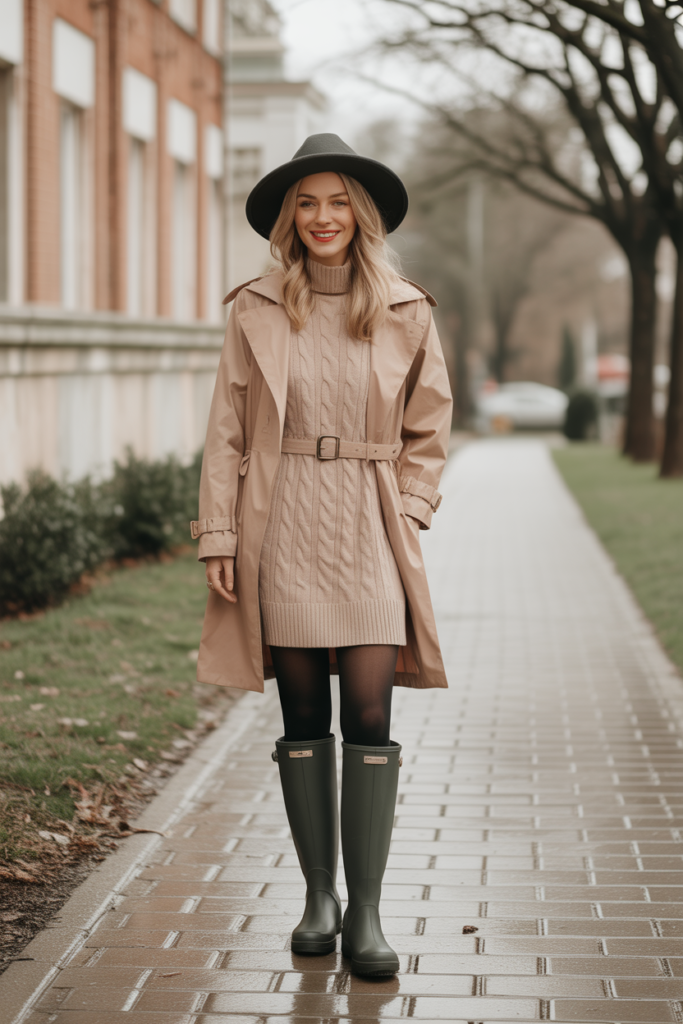 Sweater Dress + Tights + Rain Boots