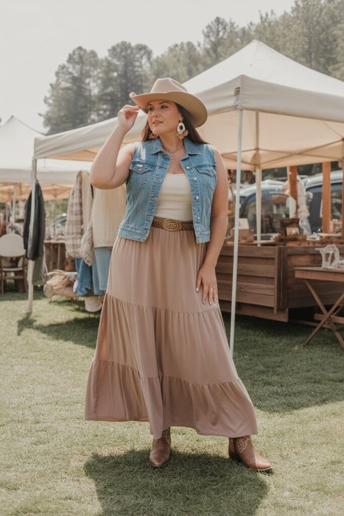 Tiered Maxi Skirt + Denim Vest For Boho Cowgirl Vibes