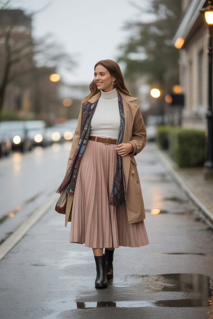 Turtleneck + Midi Skirt + Ankle Boots