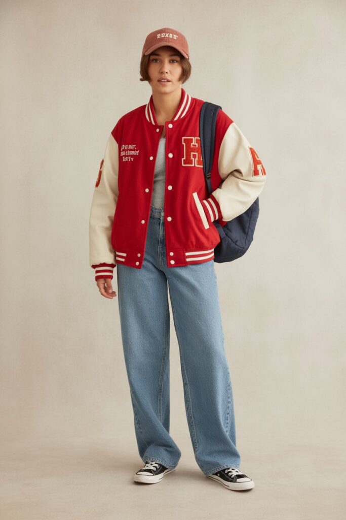 Varsity Jacket + Straight Jeans