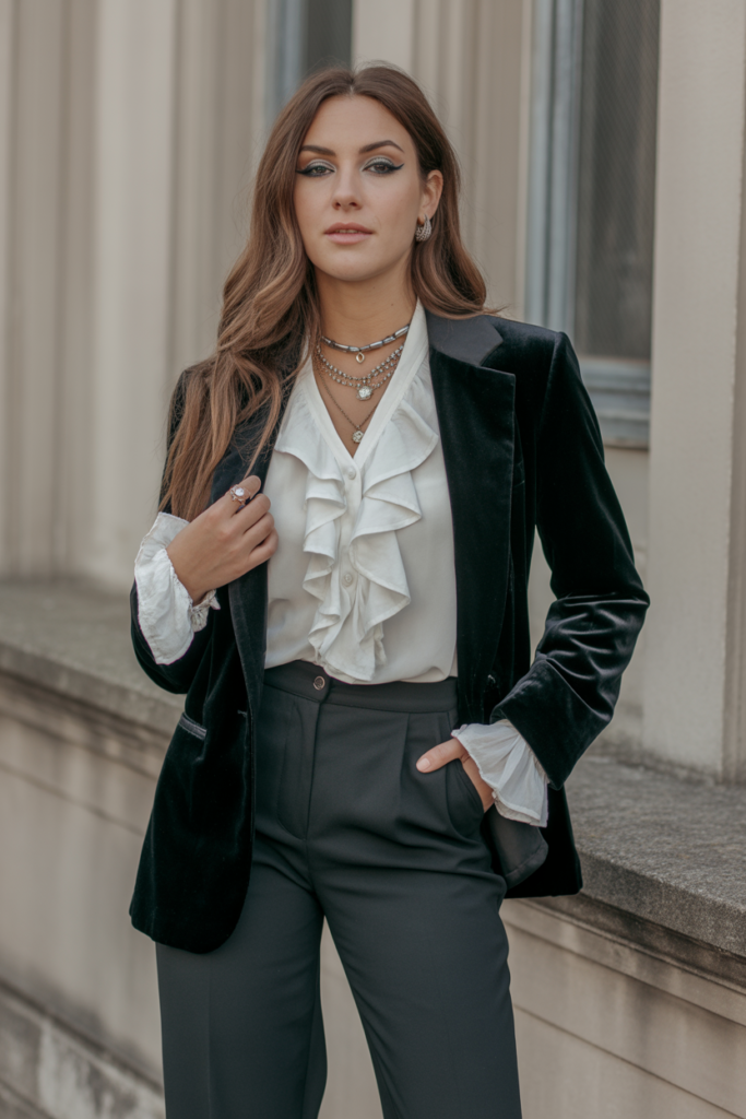 Velvet Blazer + Ruffled Blouse