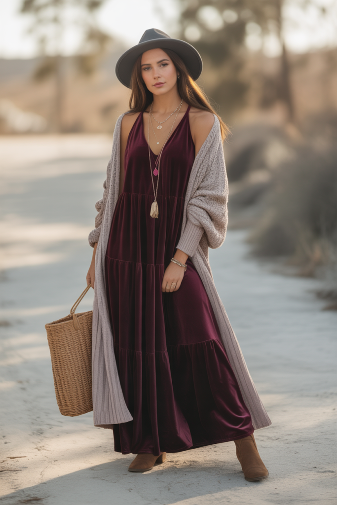 Velvet Maxi Dress With Layered Jewelry