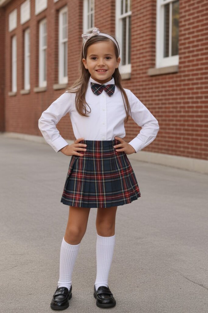 White Button-Down + Plaid Skirt