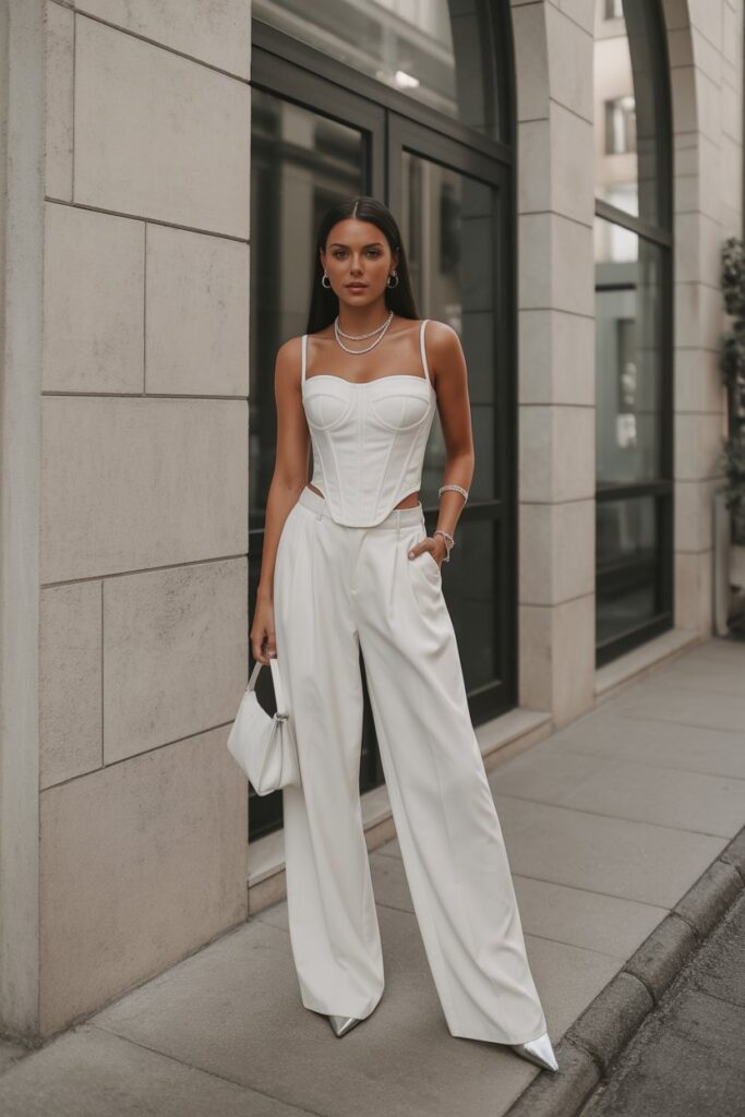 White Corset Top + Wide-Leg Trousers