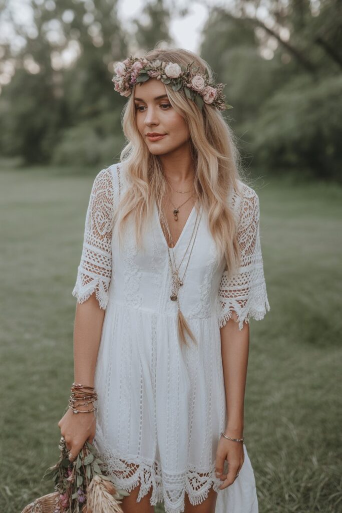 White Lace Dress + Floral Crown