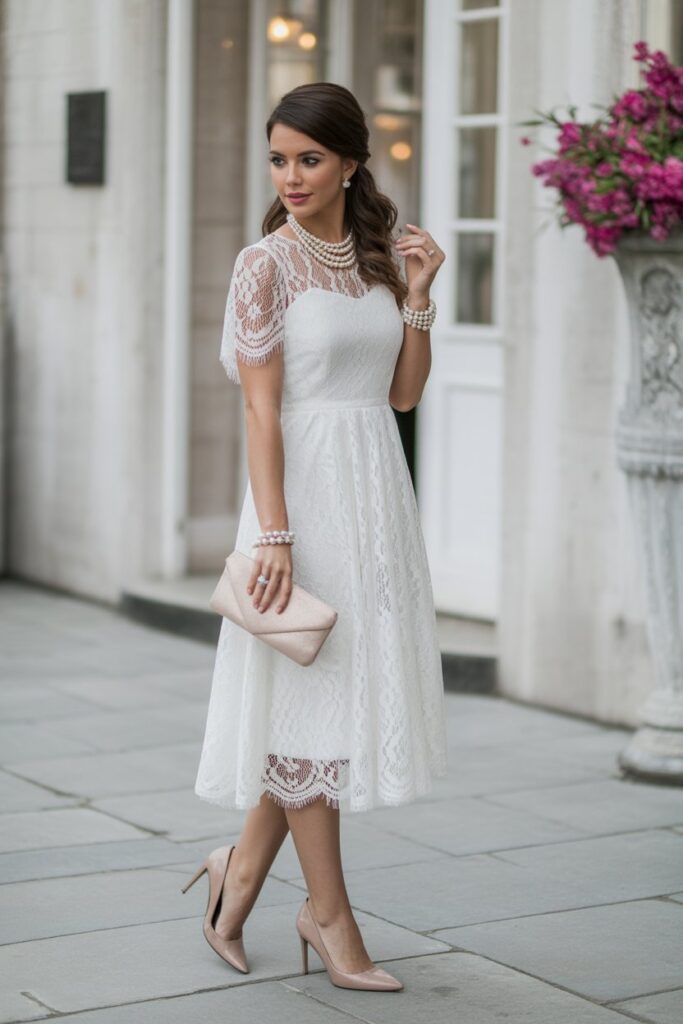 White Lace Dress + Nude Heels