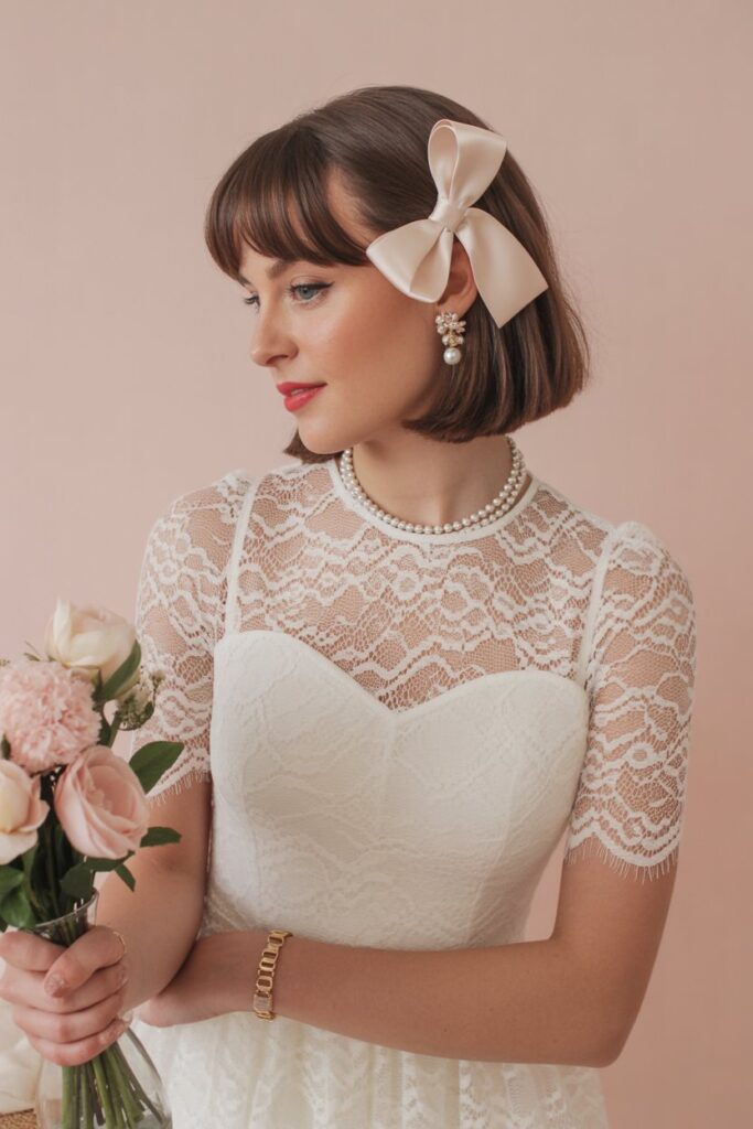 White Lace Mini Dress + Satin Bow Hair Accessory