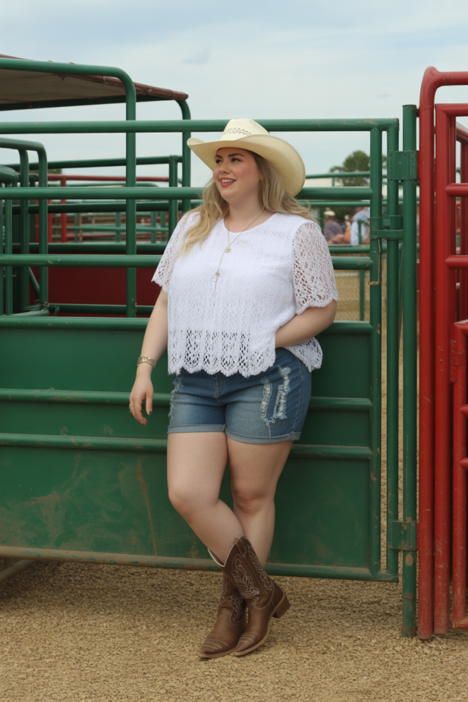 White Lace Top + Denim Shorts For Summer Rodeo Style
