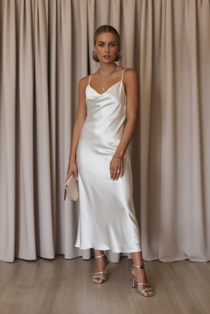 White Satin Slip Dress + Strappy Heels