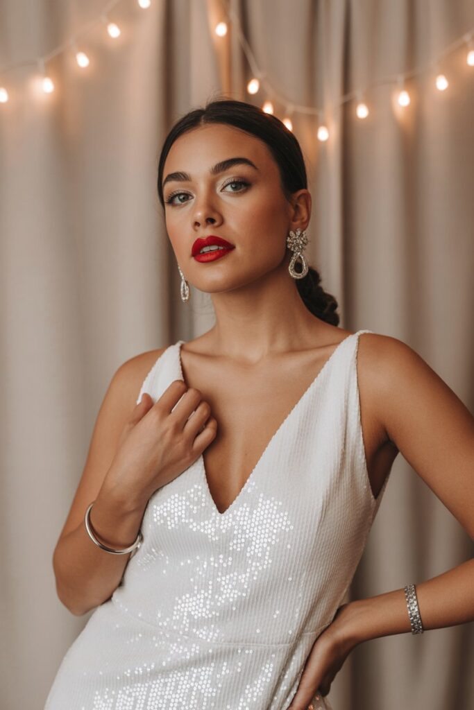 White Sequin Dress + Bold Accessories