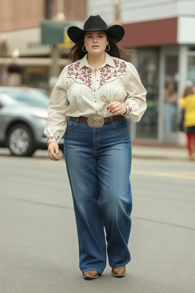 Wide-Leg Jeans + Embroidered Blouse For Everyday Western Wear