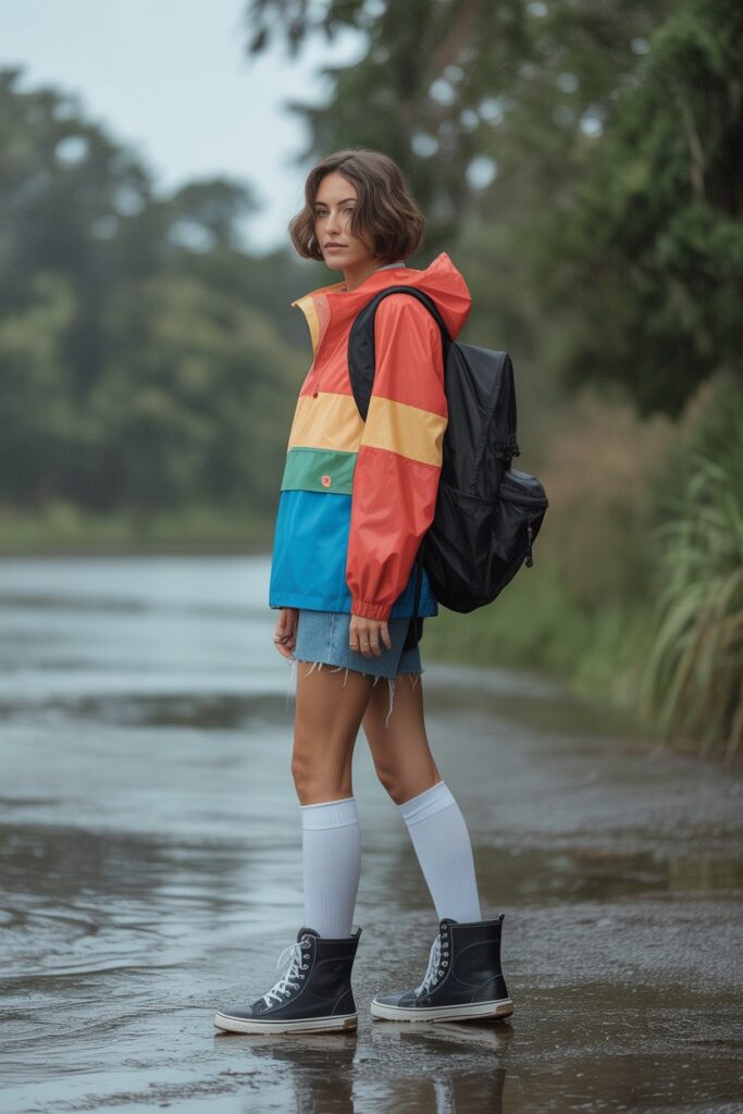 Windbreaker + Denim Shorts + High Socks