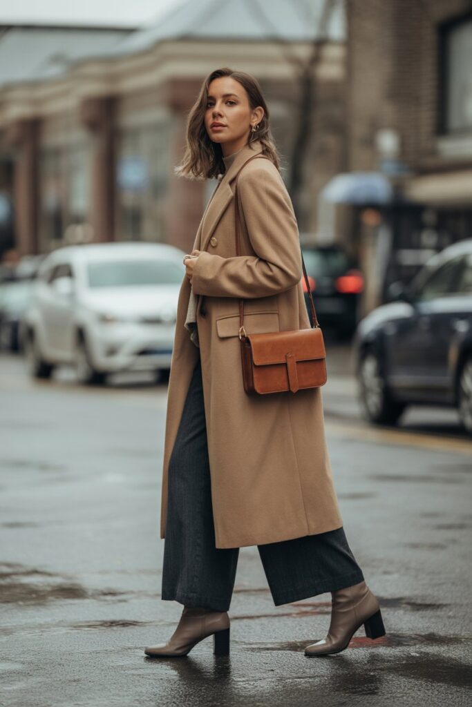 Wool Coat + Wide-Leg Pants + Block Heels